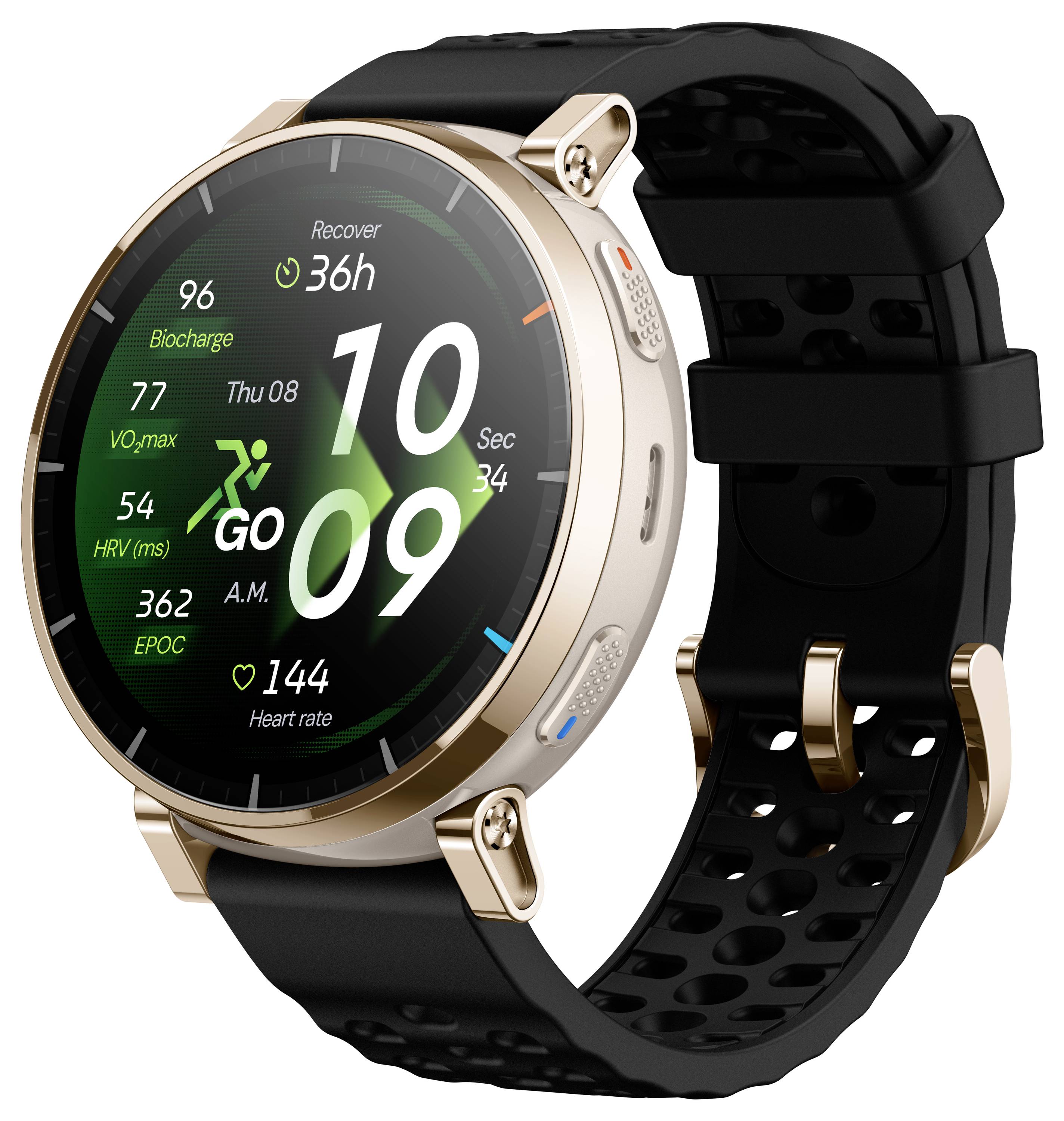 Runde goldene Smartwatch mit schwarzem perforiertem Armband, das Fitnessdaten anzeigt, große digitale Zeit 10:09, 'GO', und Herzfrequenz-, Erholungs-, Biocharge-, VO2-Max-, HRV- und EPOC-Indikatoren.