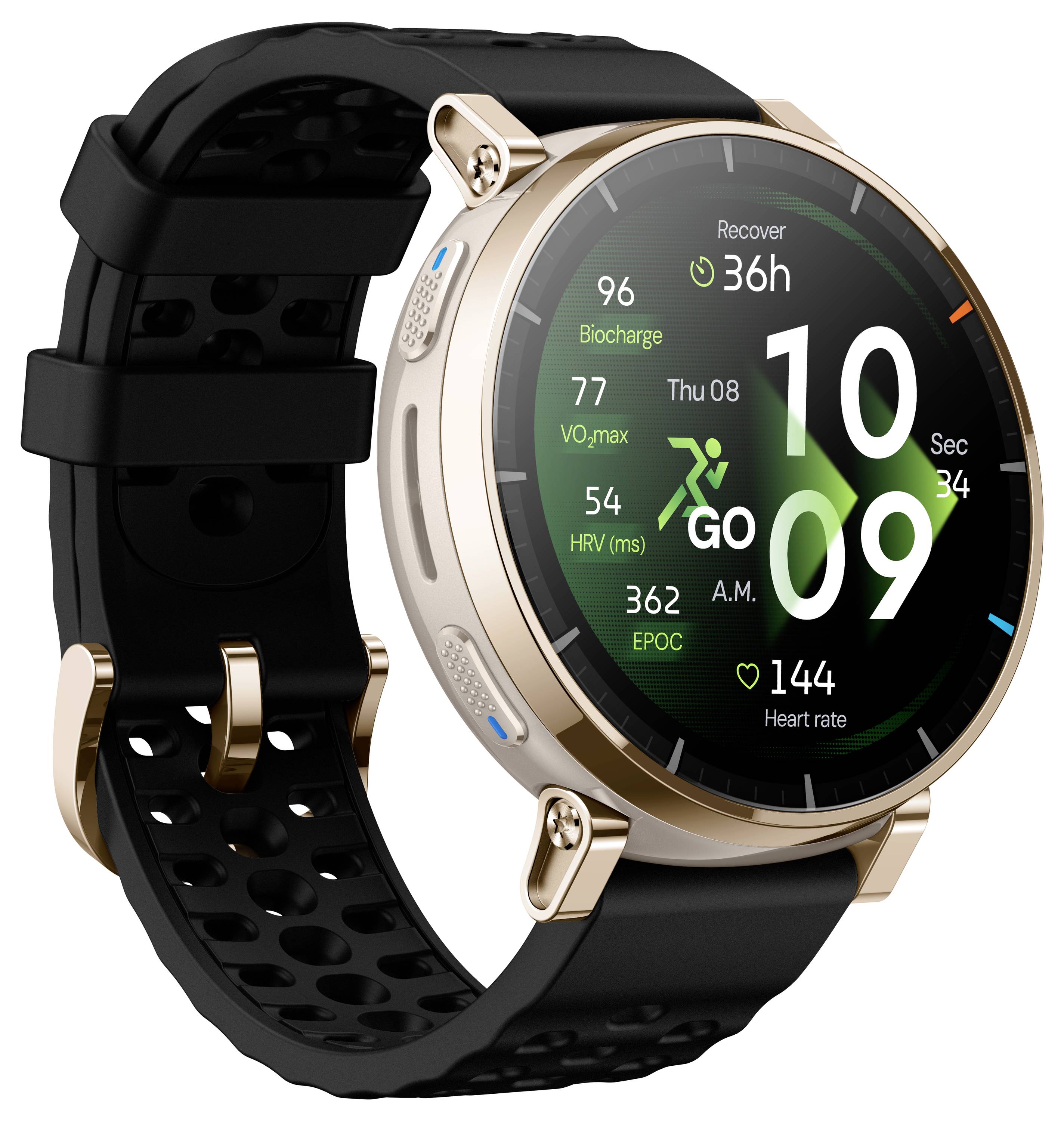 Goldene Smartwatch mit schwarzem perforiertem Armband, das Fitnesswerte und Uhrzeit auf einem runden digitalen Zifferblatt anzeigt.