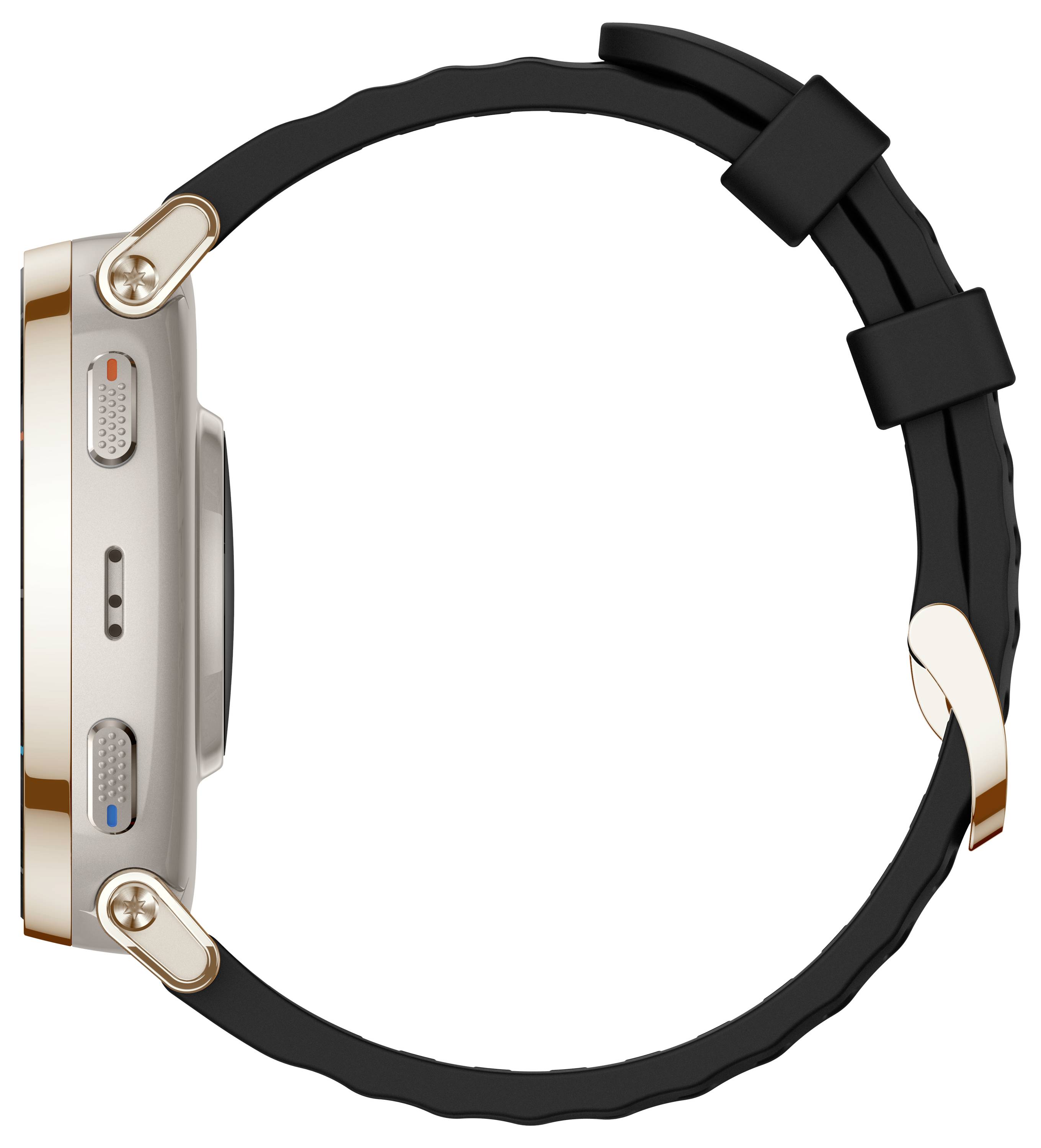 Seitenansicht einer Smartwatch mit schwarzem Armband und Roségold-Gehäuse auf weißem Hintergrund.