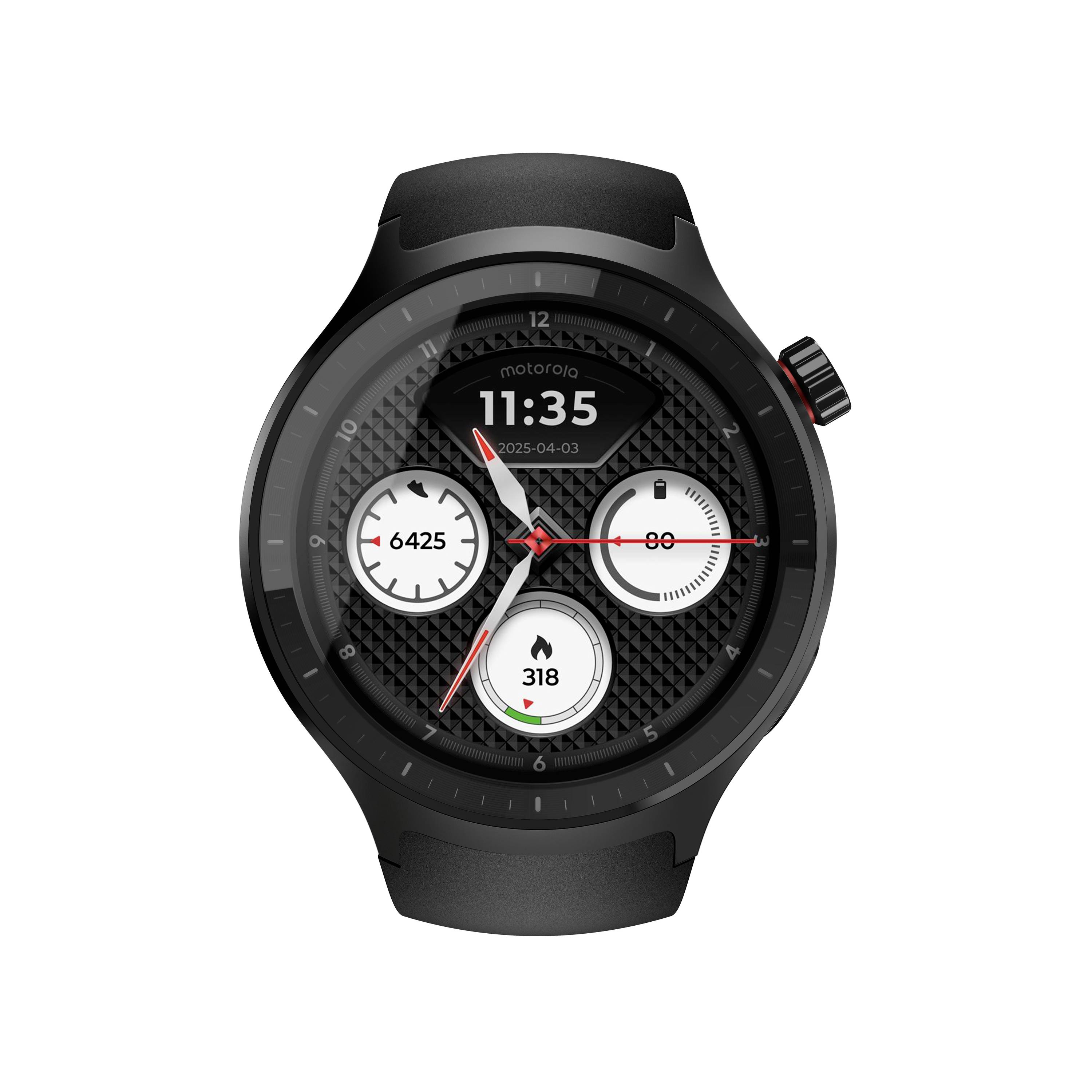 Schwarze runde Smartwatch, die 11:35 anzeigt, mit drei kleinen Zifferblättern für Schritte 6425, Herzfrequenz 80 und Kalorien 318.