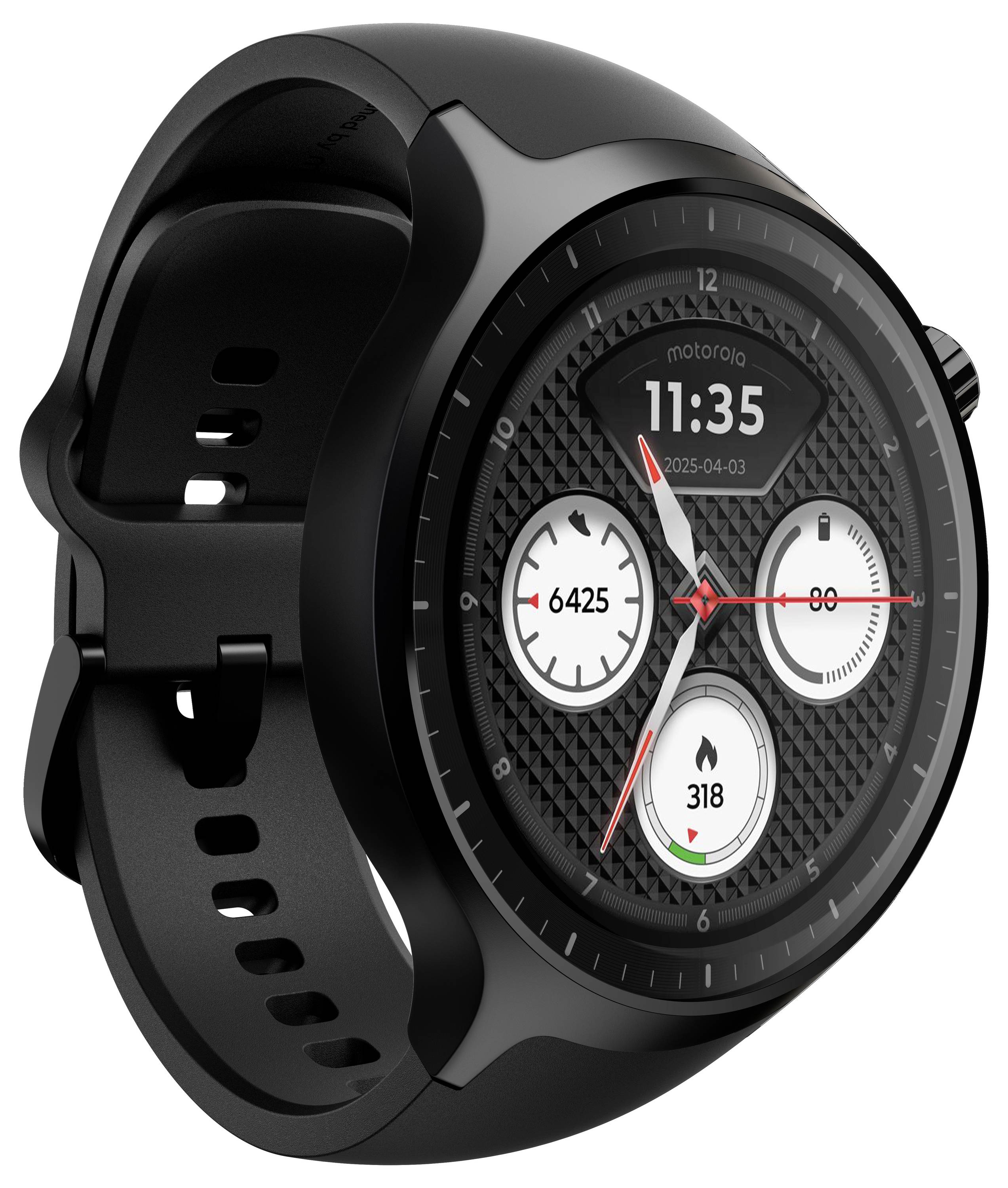 Schwarze Motorola-Smartwatch mit rundem Analog-Digital-Display, das 11:35 anzeigt, und fitnessgestaltigen kreisförmigen Anzeigen auf einem strukturierten Zifferblatt.