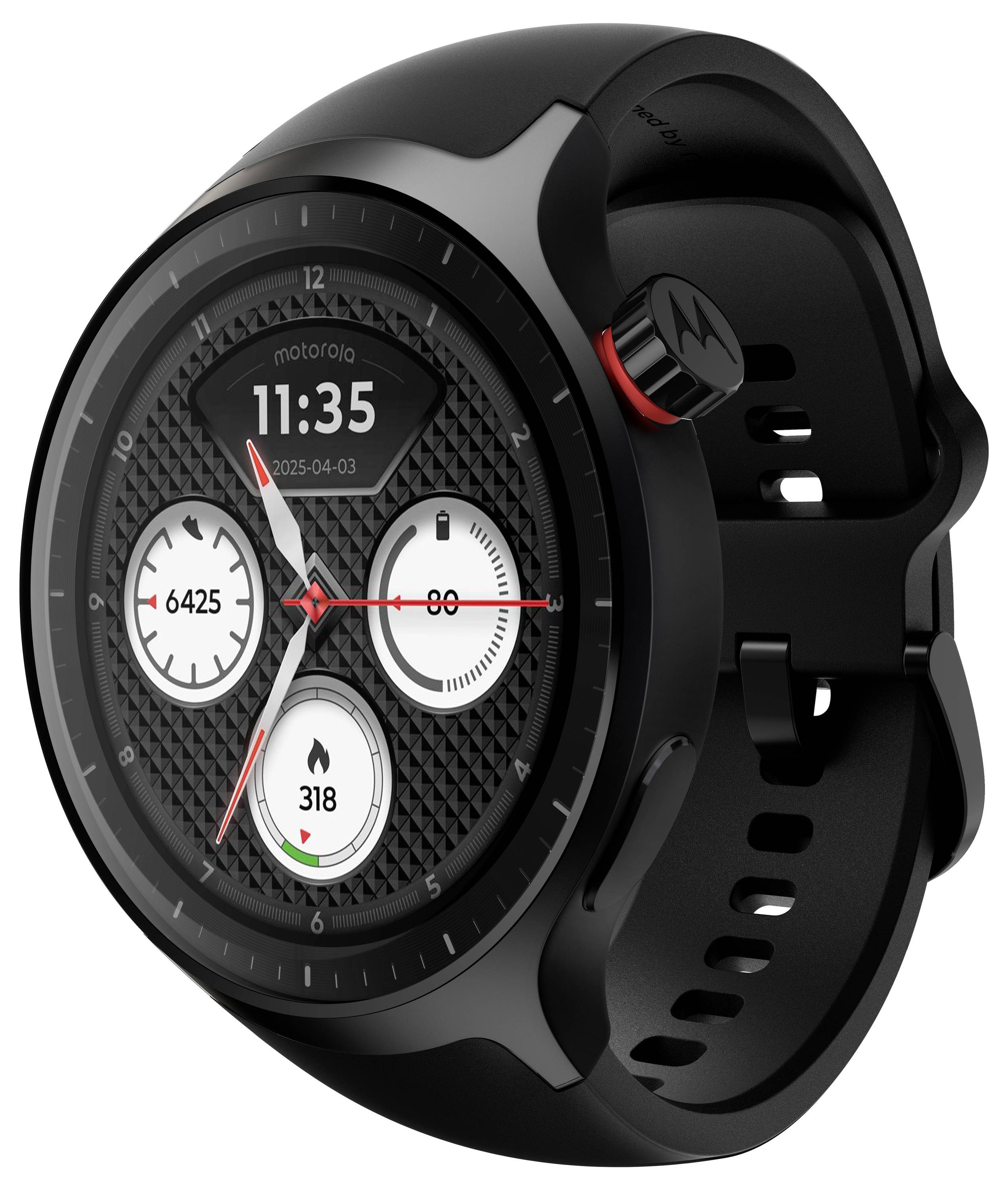Schwarze Motorola-Smartwatch mit rundem Analogzifferblatt, das 11:35 anzeigt, Datum 2025-04-03 und drei kleine digitale Anzeigen.