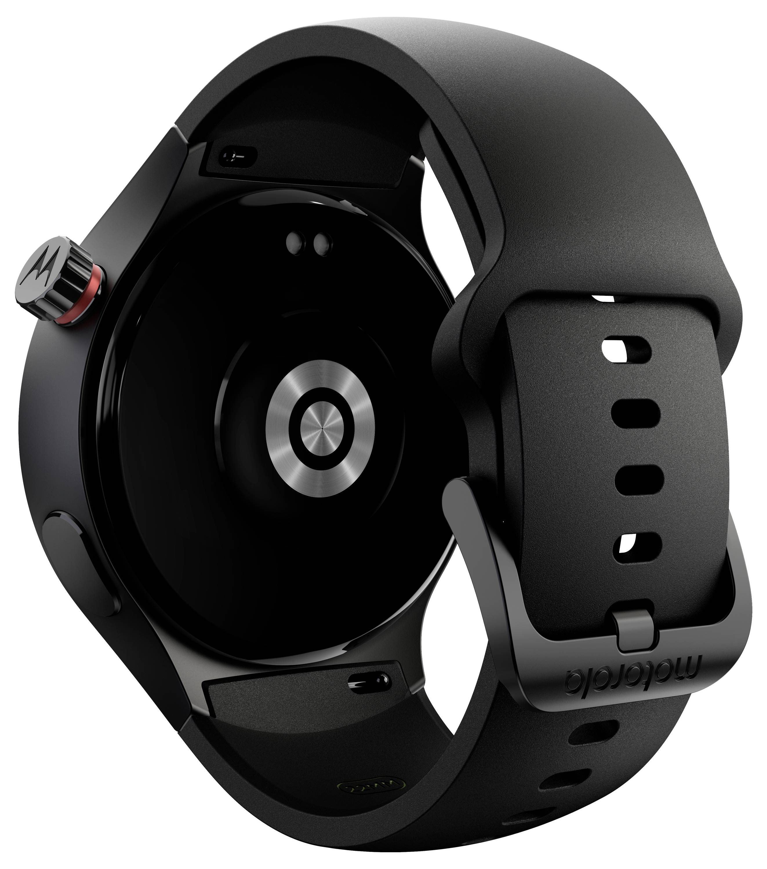 Schwarze Motorola-Smartwatch mit rundem Display, seitlicher Krone und verstellbarem Silikonarmband auf weißem Hintergrund.