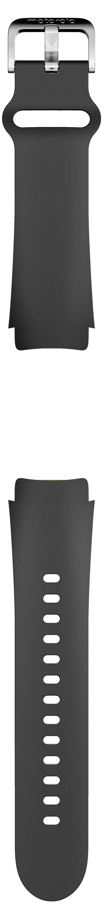 Schwarzes Uhrenarmband mit silberfarbenem Verbinder und mehreren Größenlöchern, vertikal auf weißem Hintergrund dargestellt.