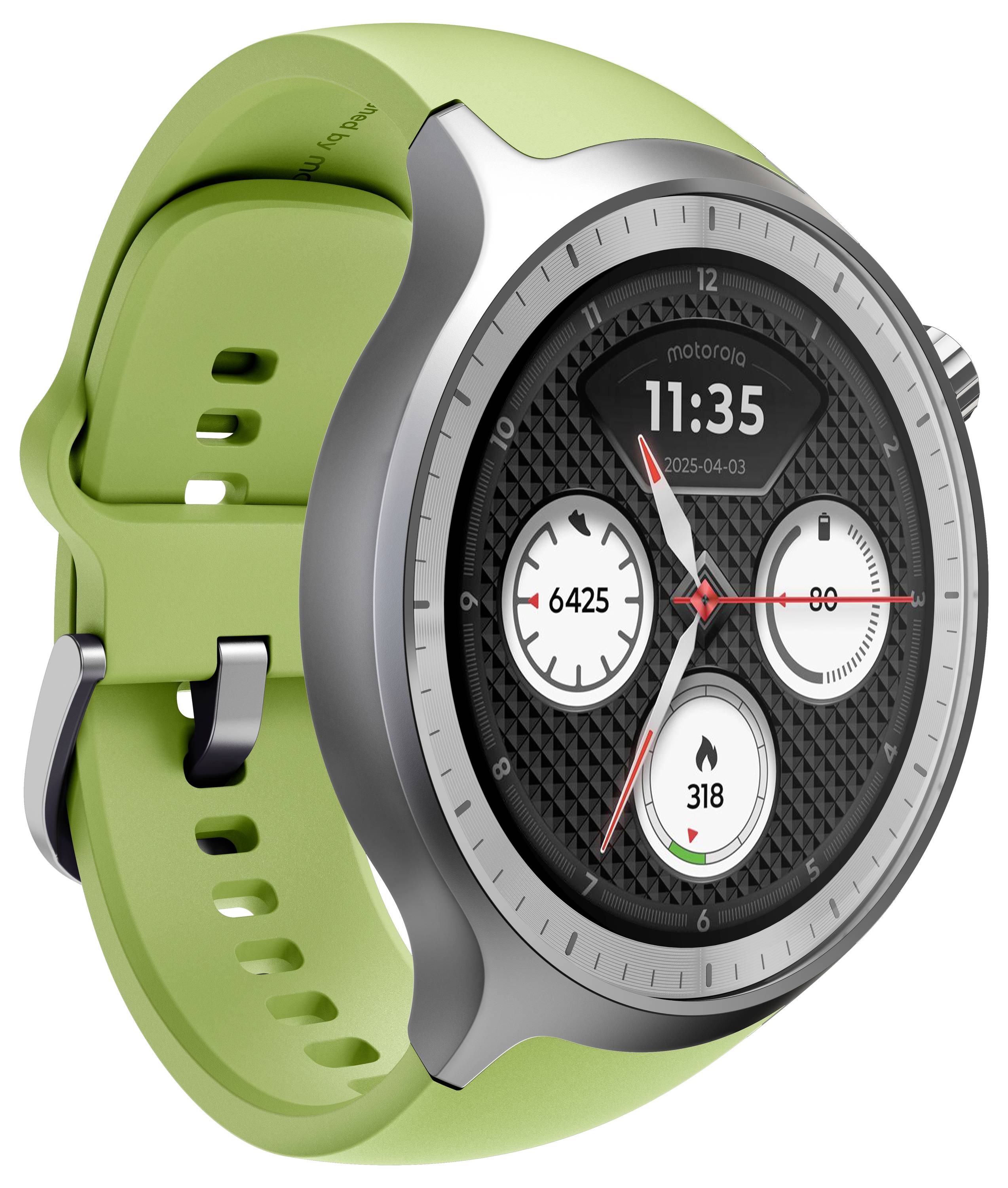 Grüne Smartwatch mit rundem Analogzifferblatt, das 11:35 anzeigt, und drei kreisförmigen Messwerten auf dem Zifferblatt.