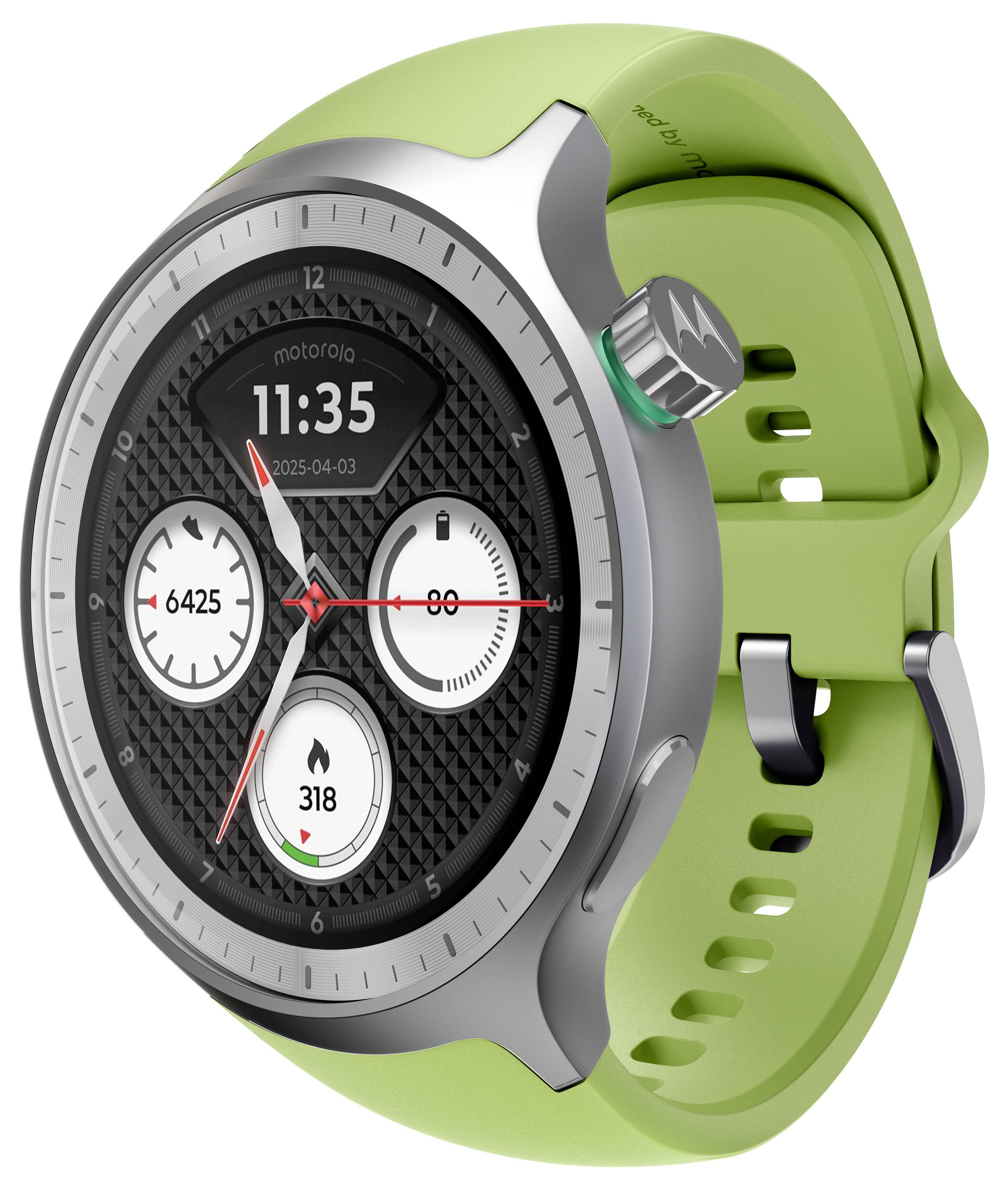 Motorola Smartwatch mit rundem schwarzem Zifferblatt und limonengrünem Armband, zeigt 11:35 und drei Fitness-Messwerte an.