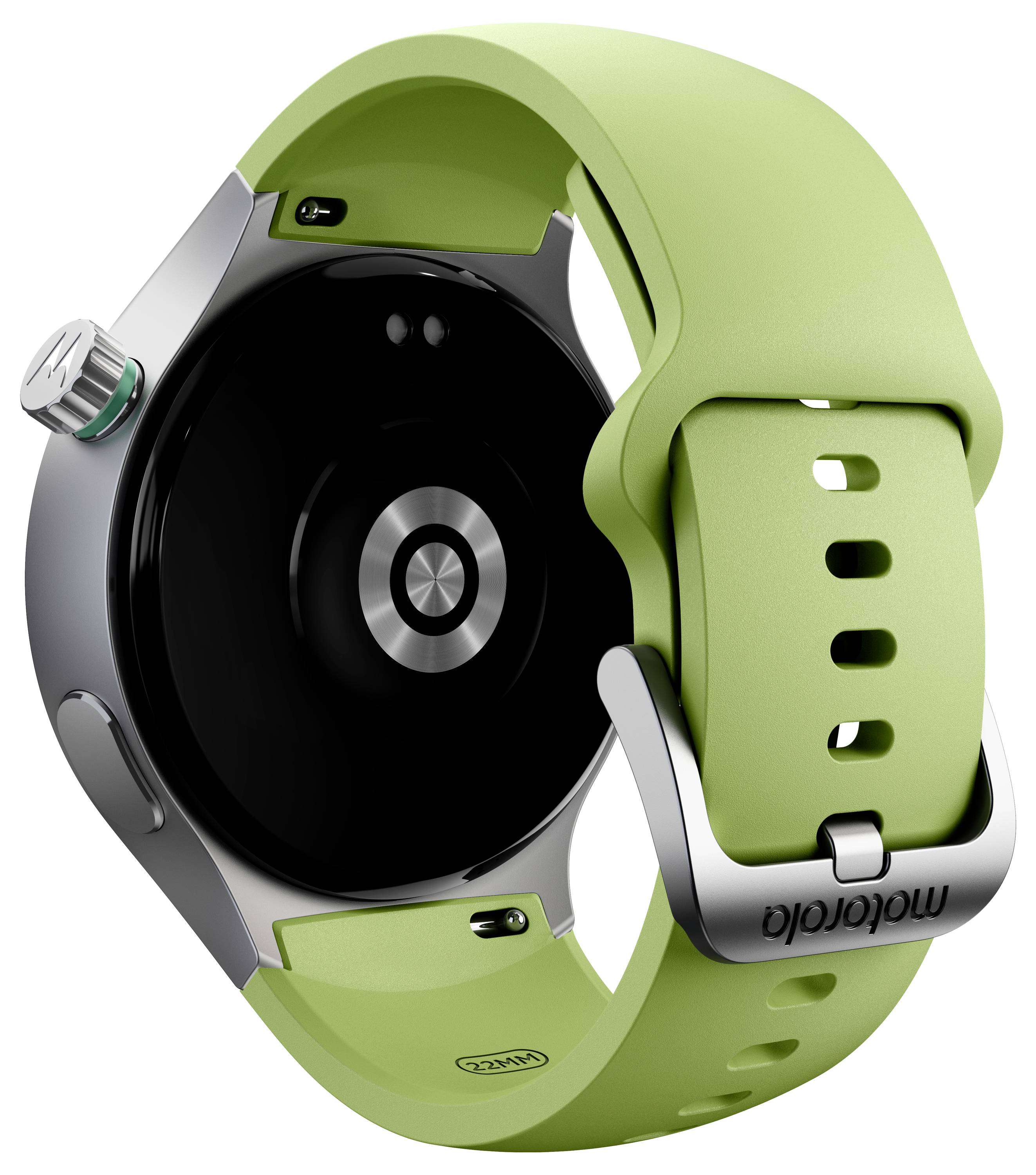 Rückansicht einer runden Smartwatch mit schwarzem Zifferblatt, silbernem Gehäuse und grünem Neonband mit Schnalle und Verstelllöchern.