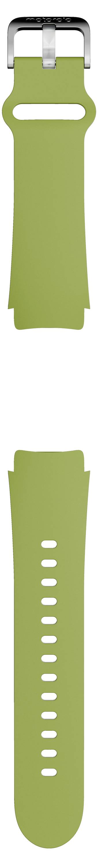 Grünes Silikon-Uhrenarmband mit silbernem Anschluss und mehreren Verstelllöchern, vertikal auf einfachem weißen Hintergrund dargestellt.
