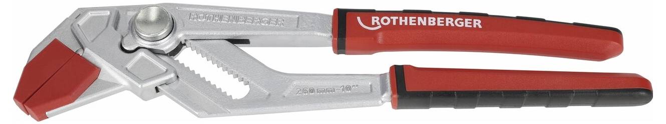 Verstellbarer Rohrzange mit roten Griffen und Backen, verwendet zum Greifen und Drehen von Rohren oder Verschraubungen.