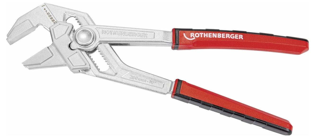 Ein silberner verstellbarer Schraubenschlüssel mit roten Griffen, gezeigt auf weißem Hintergrund.