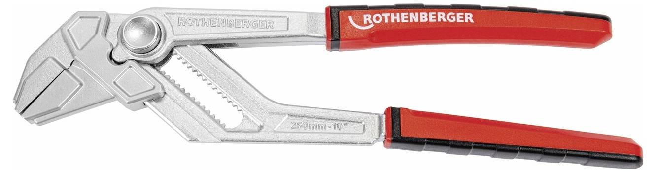 Rot-silberne verstellbare Zange mit langen Griffen, Seitenansicht auf weißem Hintergrund dargestellt.