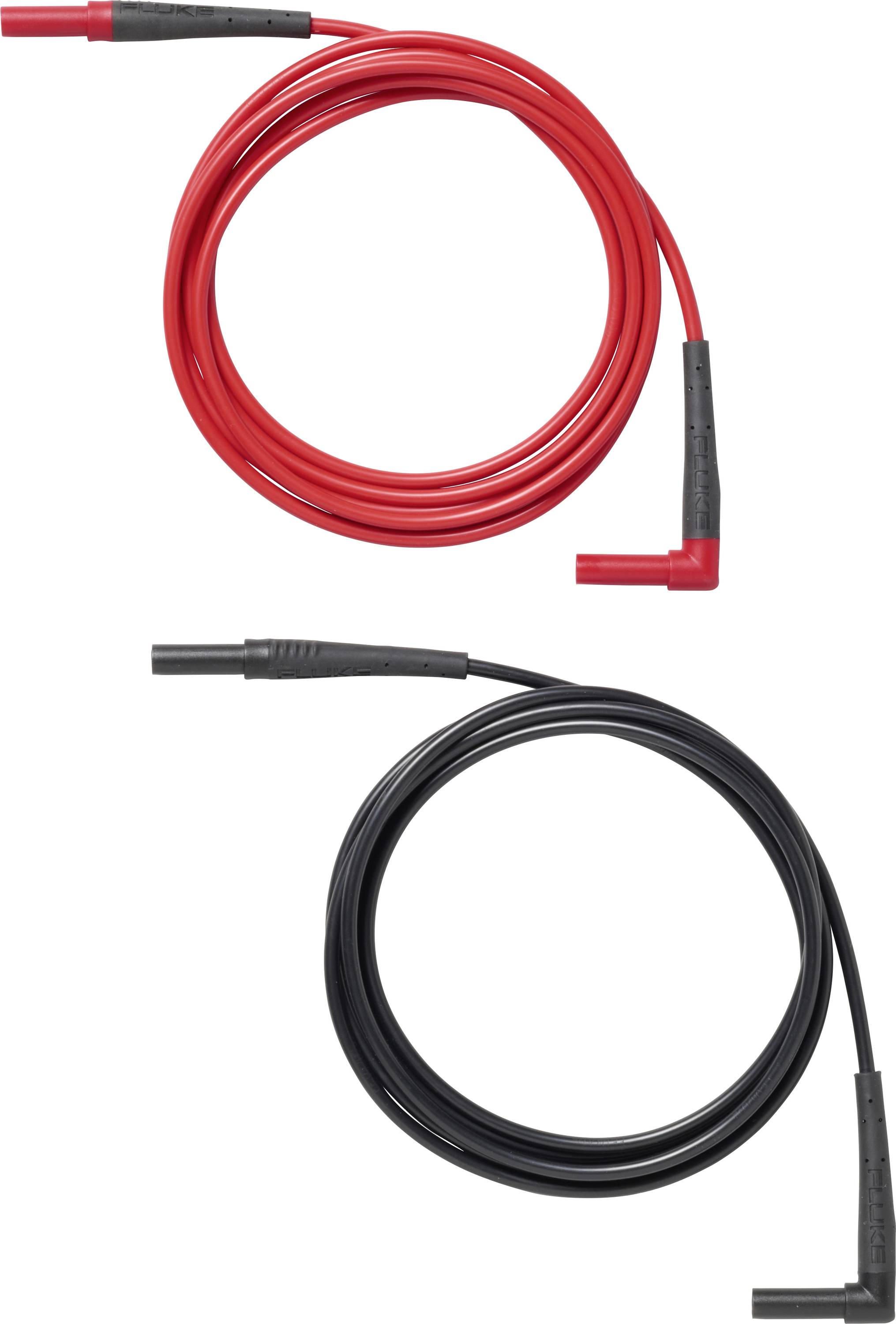 Zwei aufgerollte Kabel, eines rot und eines schwarz, jeweils mit L-förmigen Steckerenden auf weißem Hintergrund.