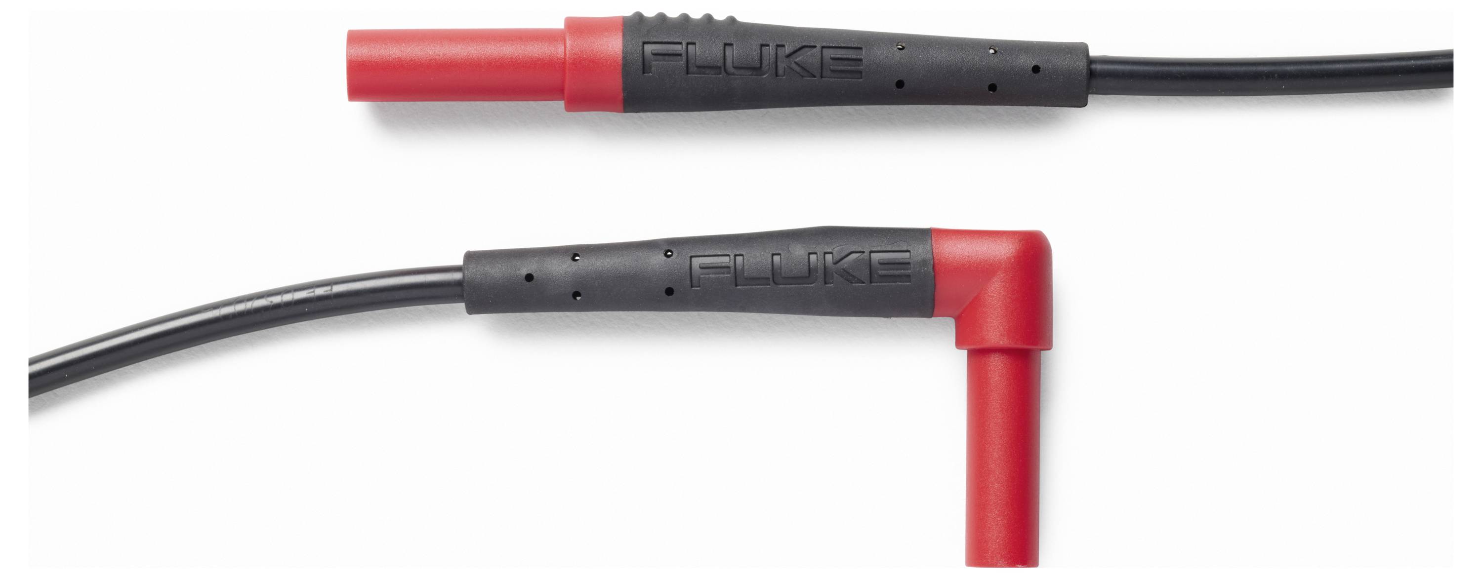 Zwei schwarze Fluke-Messleitungen auf weißem Hintergrund gezeigt: eine gerade rote Messspitze und eine abgewinkelte rote Messspitze.
