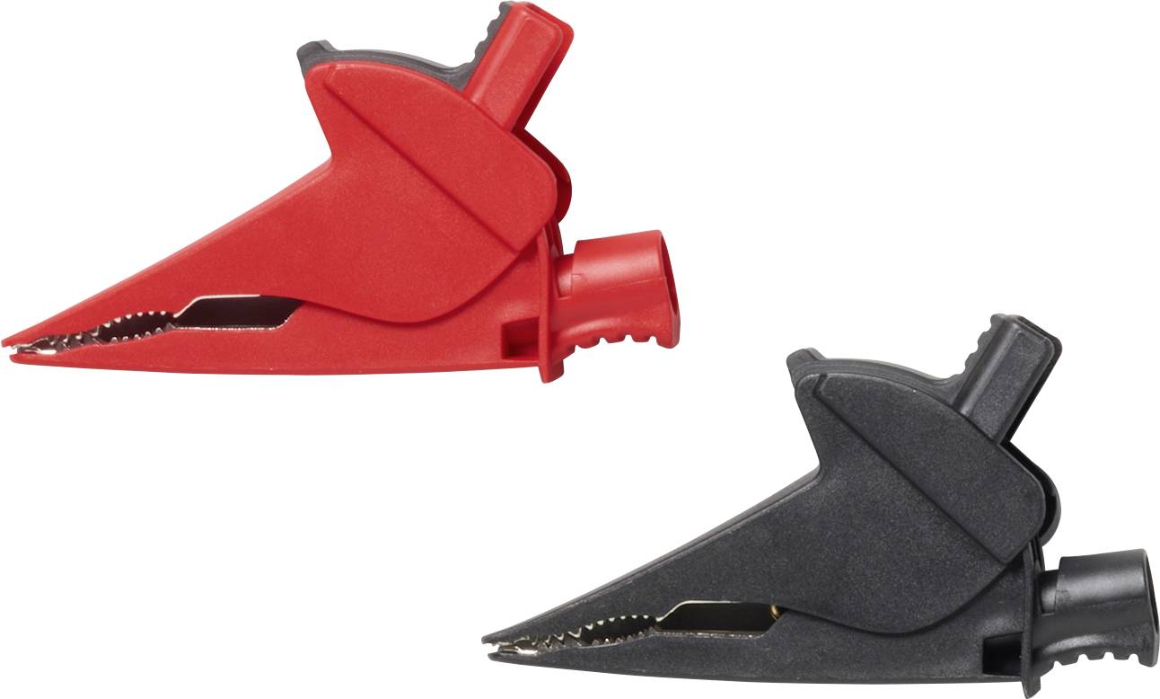 Zwei isolierte Krokodilklemmen-Messleitungen, eine rote und eine schwarze, auf weißem Hintergrund dargestellt.