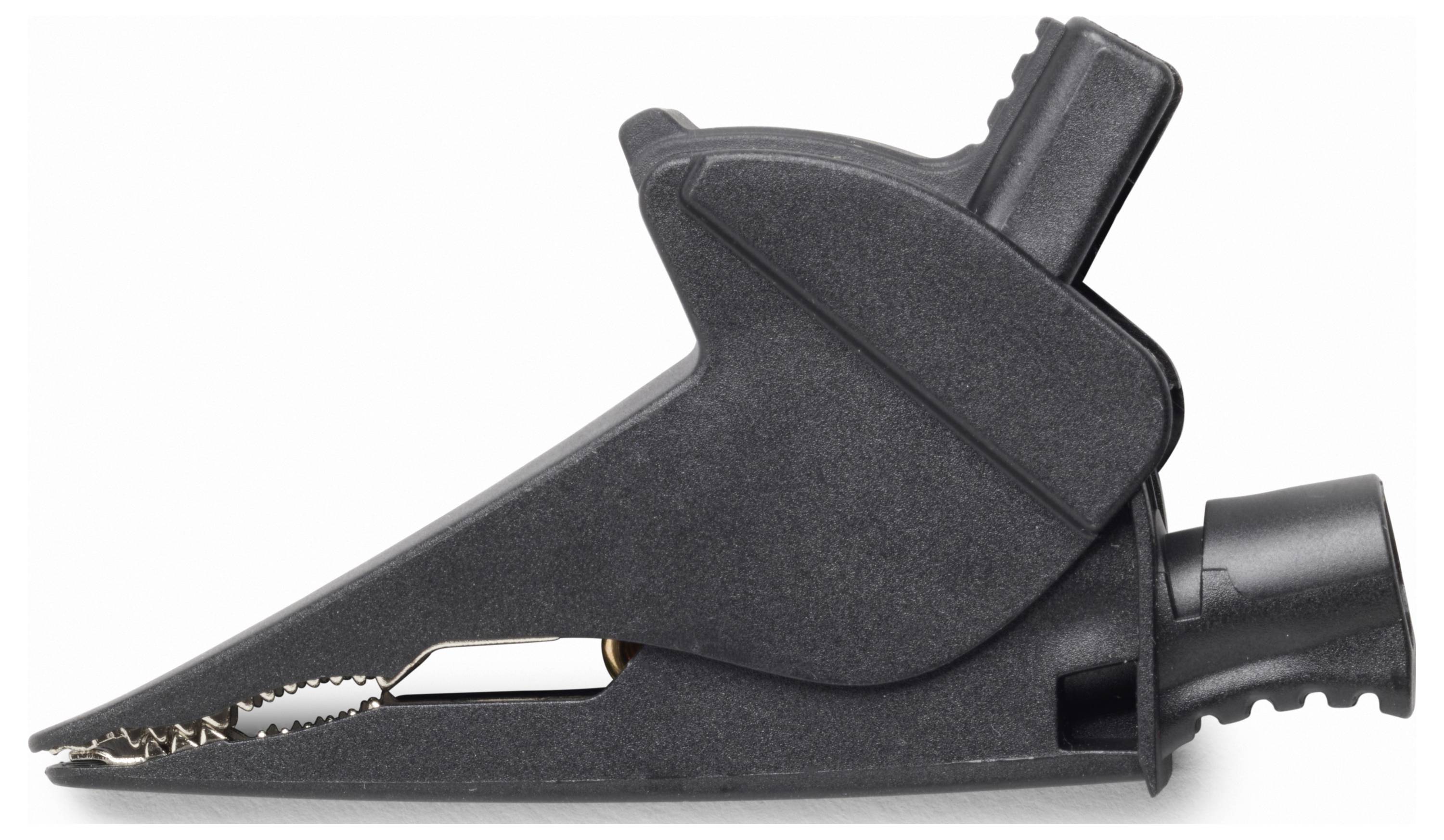 Schwarze Kunststoff-Krokodilklemme mit gezahnten Backen, in Profilansicht auf weißem Hintergrund gezeigt.