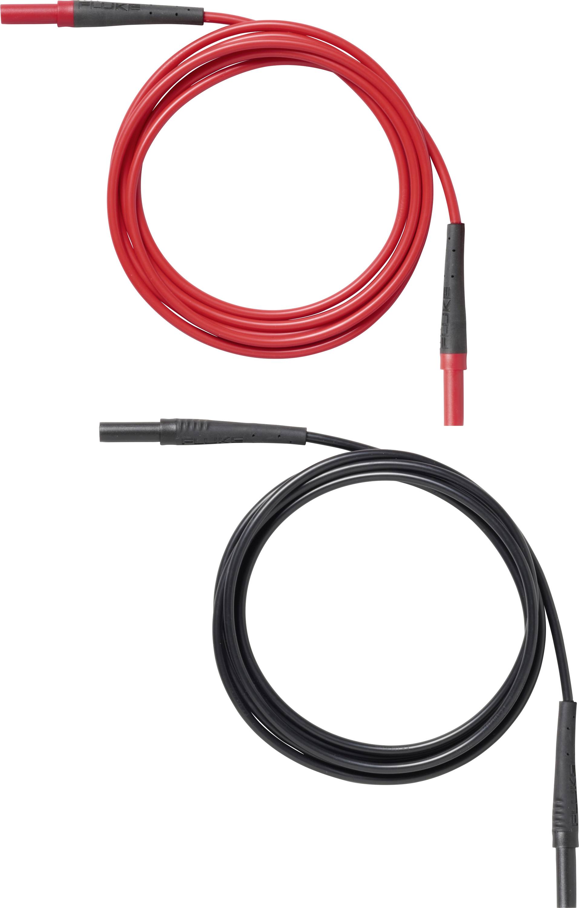 Zwei aufgerollte Messleitungen, eine rot und eine schwarz, jeweils mit isolierten Steckerendu endungen.
