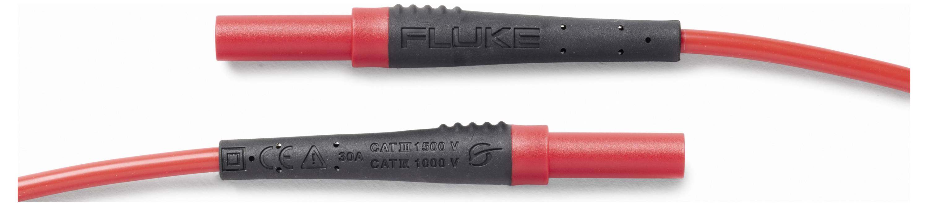 Zwei rote isolierte elektrische Messleitungen mit schwarzem und rotem Kunststoffgehäuse, shown on a white background.