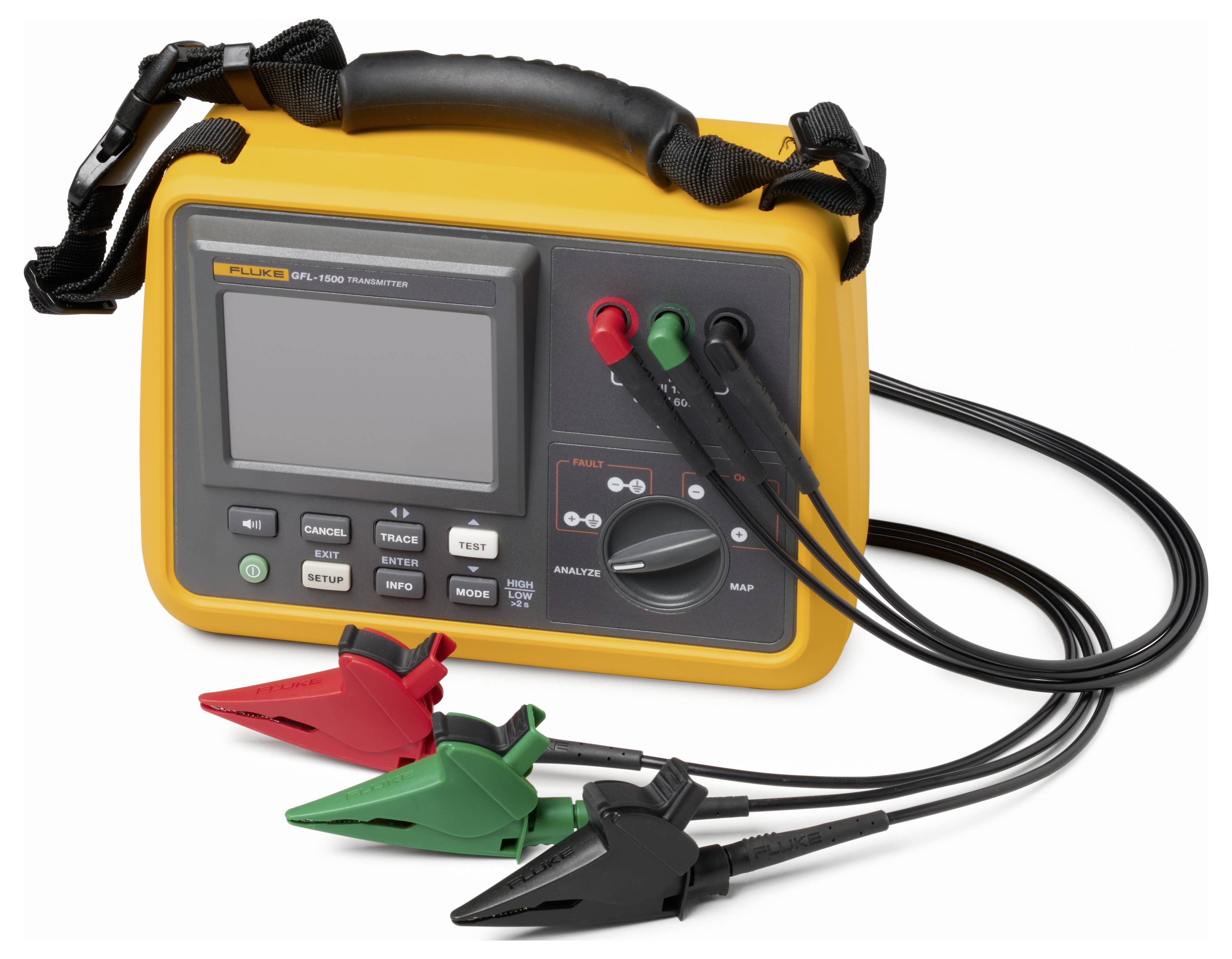 Portable electrical testing instrument with screen, control dial, and three colored probe clamps attached by cables.