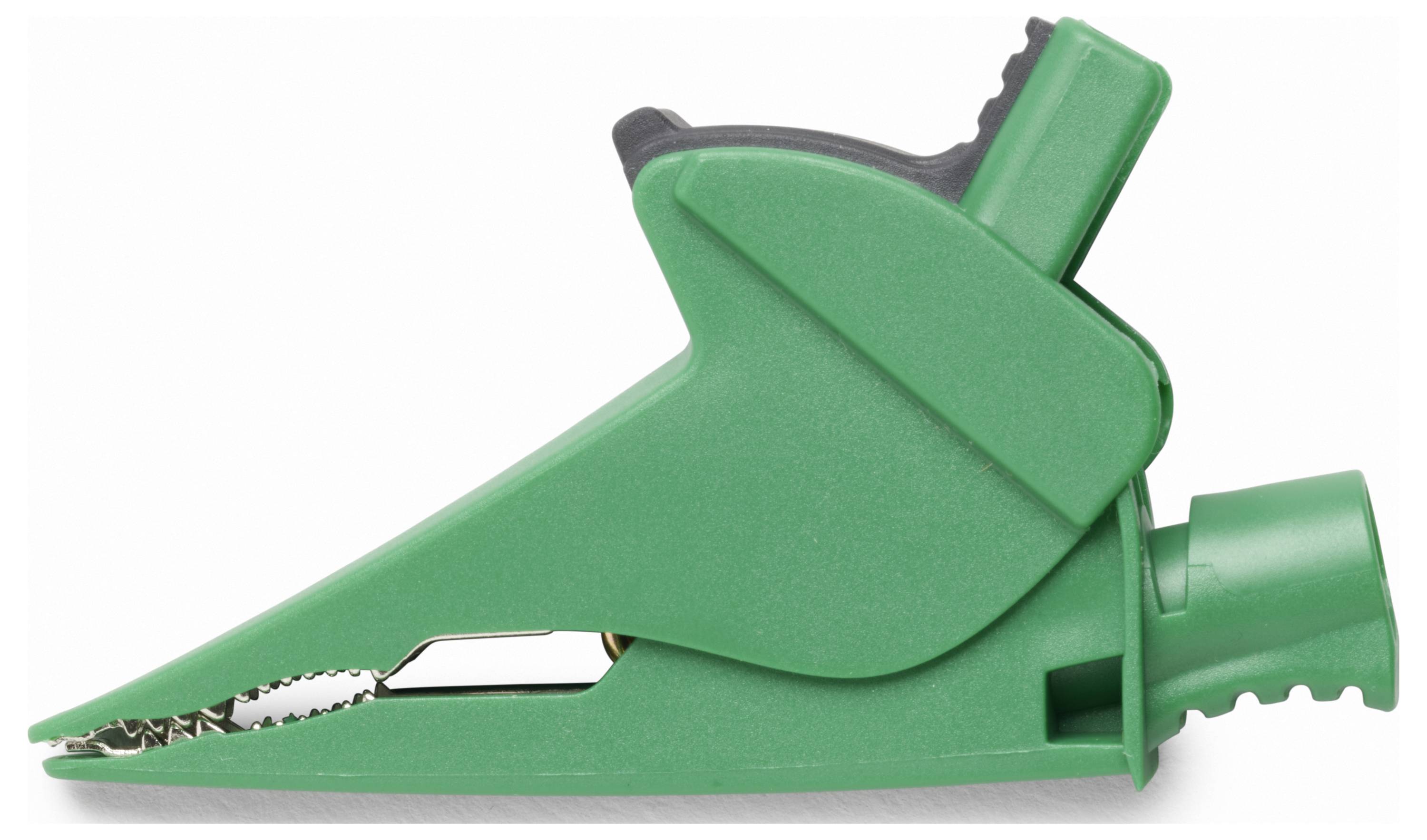 Grüner Kunststoff-Krokodilclip mit gezahnten Metallklemmen, dargestellt in Seitenansicht auf weißem Hintergrund.