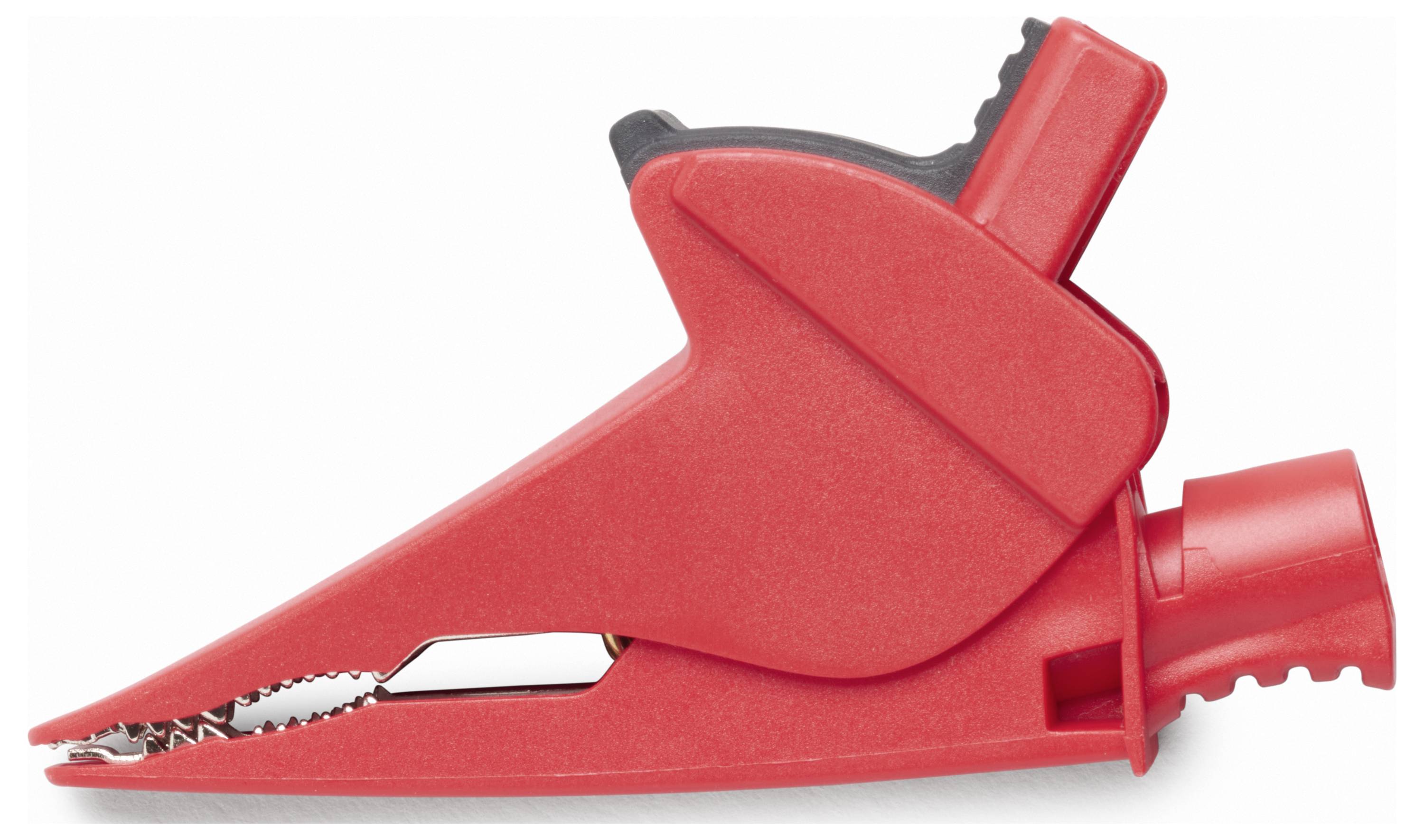 Roter Kunststoff-Stromkabelstecker mit federbelasteter Klemme, zum sicheren Befestigen eines Drahts oder Leiters.