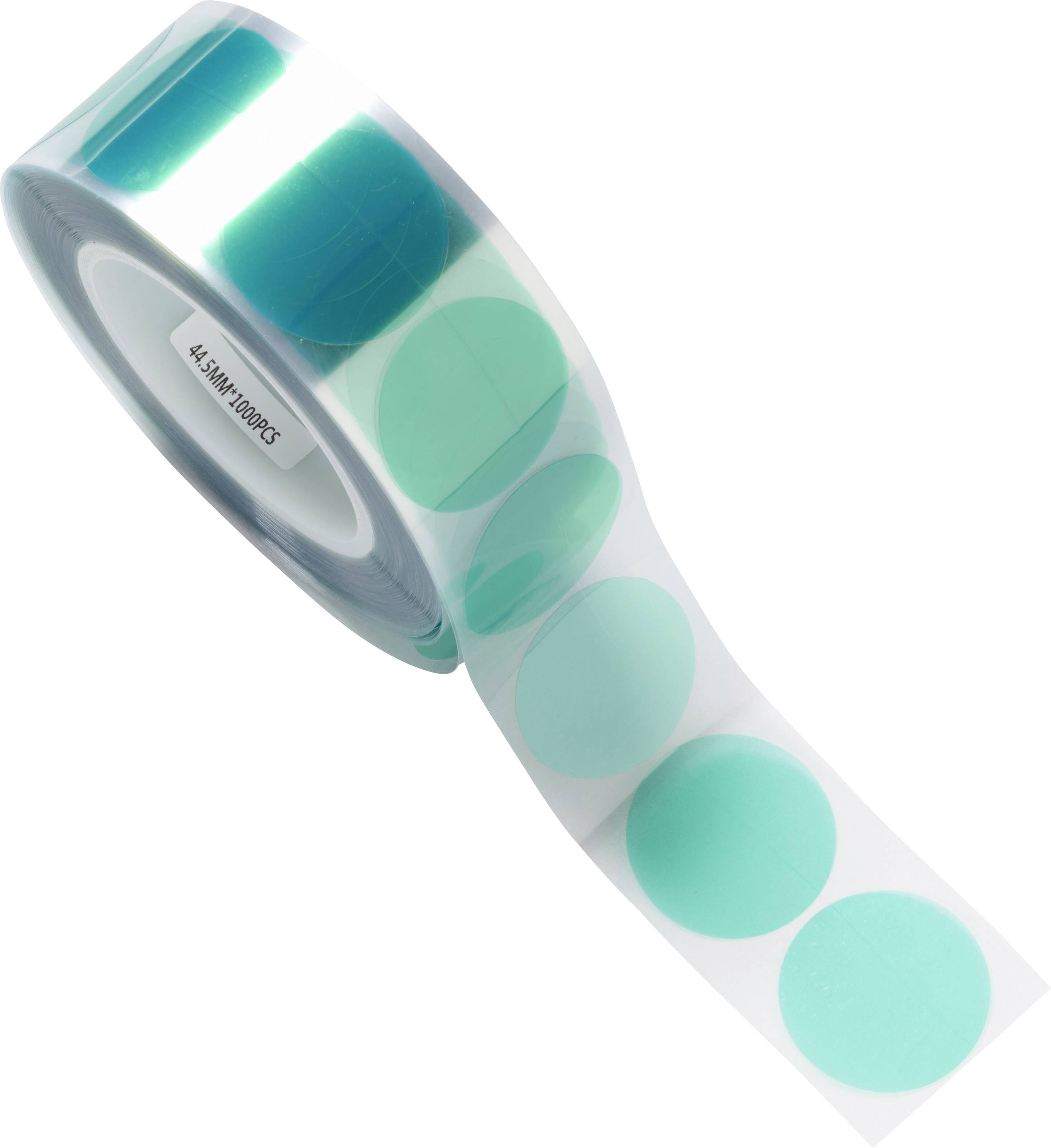 Eine Rolle aus durchscheinenden türkisfarbenen runden Klebepunkten auf einem weißen Trägerstreifen, teilweise abgewickelt vor einem einfachen weißen Hintergrund.