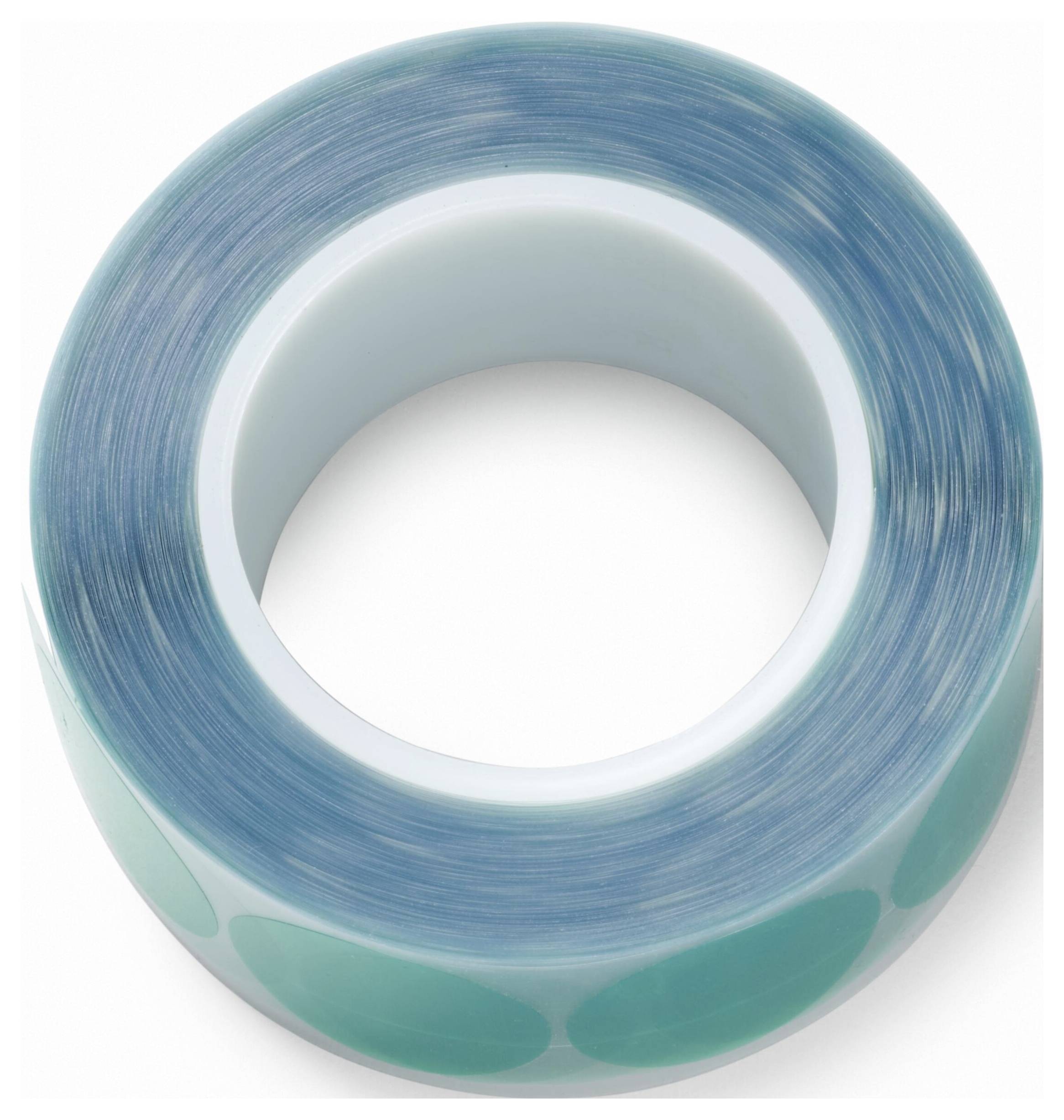 Rolle mit blauem und türkisem transparentem Klebeband auf weißem Hintergrund, von oben fotografiert.