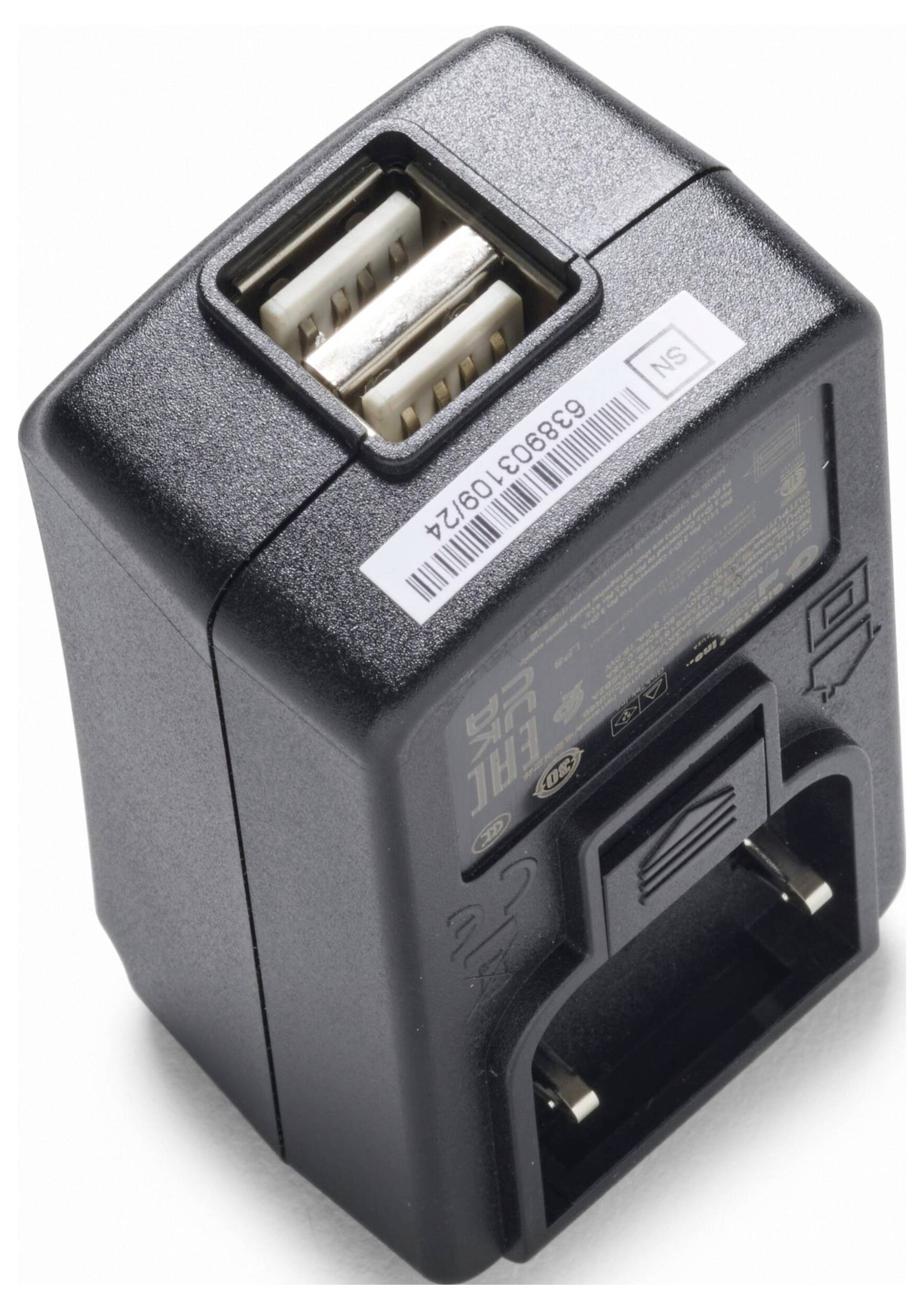 Schwarzer USB-Wandladegerät-Adapter mit zwei USB-Anschlüssen oben und einer Steckzunge an der Vorderseite, gezeigt auf weißem Hintergrund.