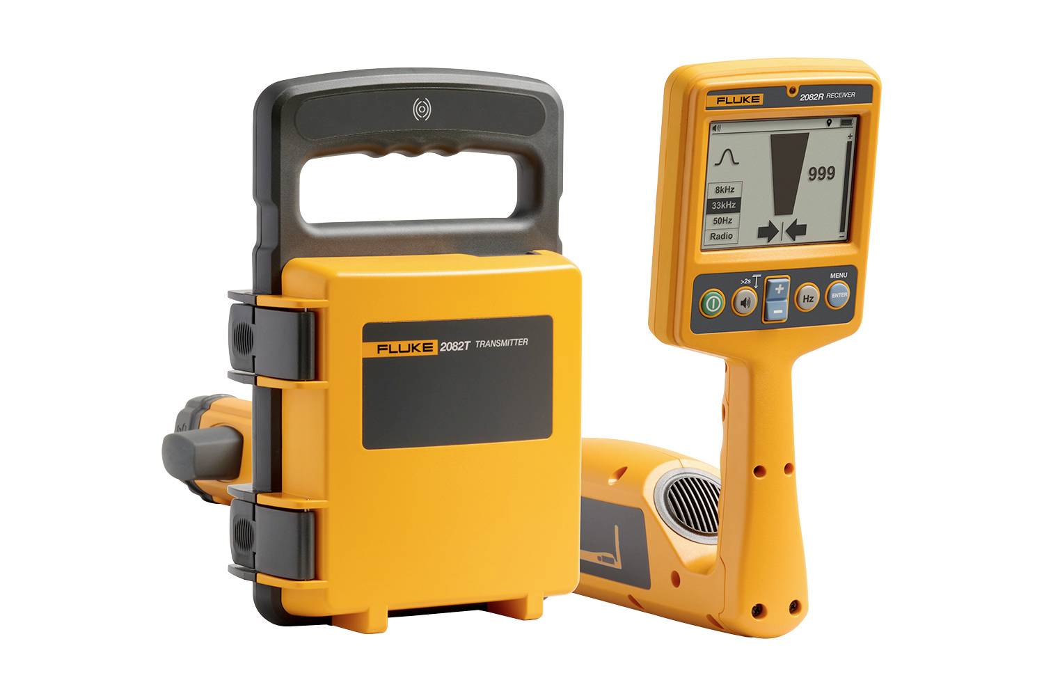 Zwei orangefarbene Fluke-Testgeräte auf weißem Hintergrund: ein tragbares Handgerät mit Griff und Kabeln sowie ein digitales Messgerät mit der Anzeige 999 auf dem Bildschirm.