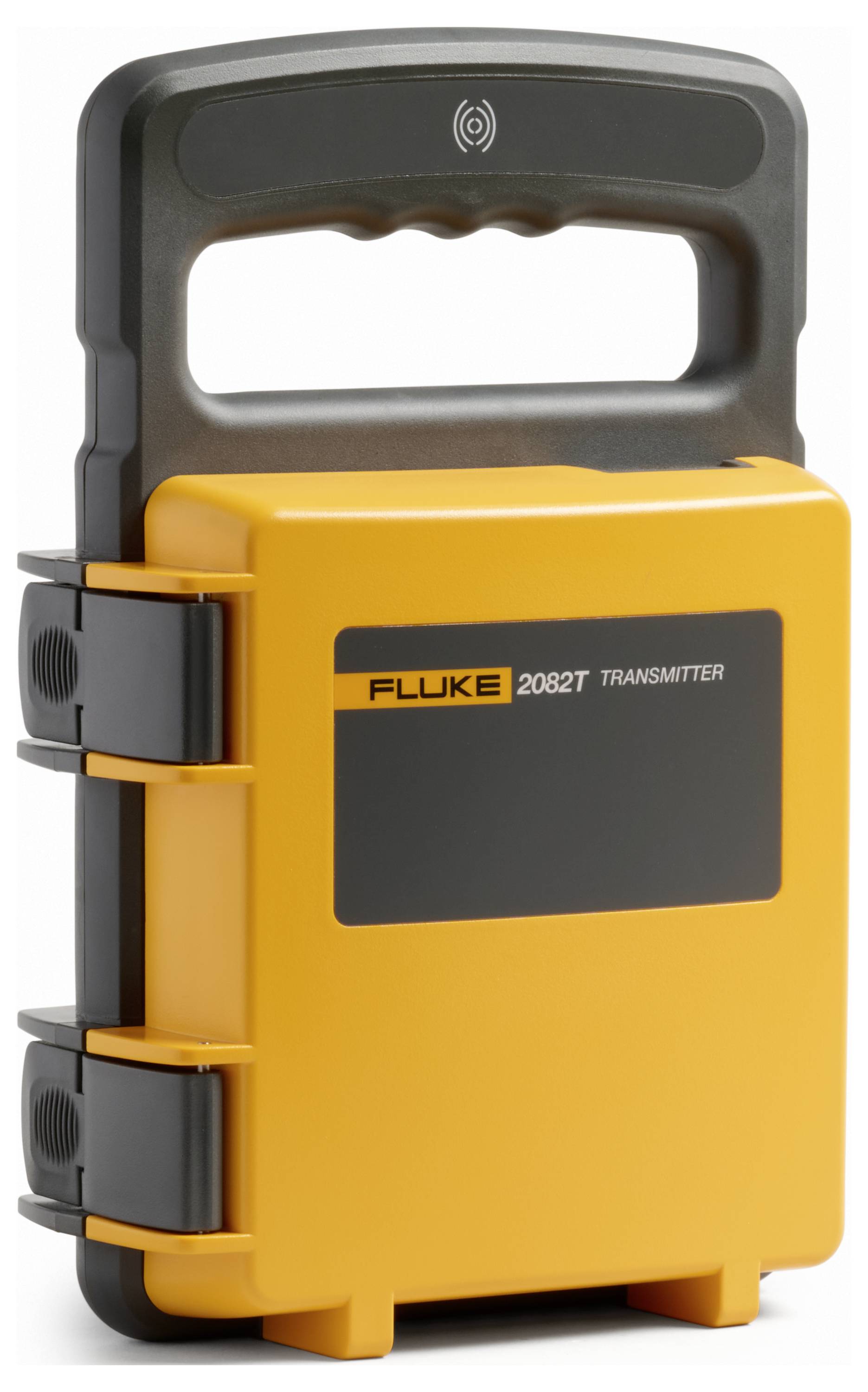 Gelber Fluke 2082T Transmittergerät mit schwarzem Griff und Seitenklemmen, dargestellt auf weißem Hintergrund.