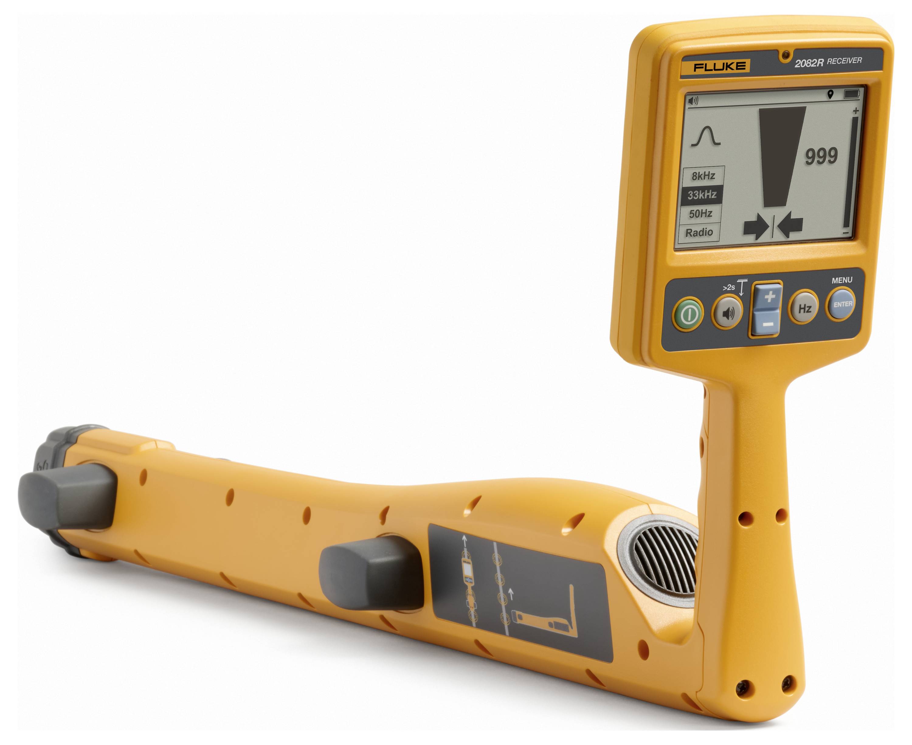 Gelber Fluke-Kabelortungsgeräte mit tragbarem Empfänger und langer Sondenstange auf weißem Hintergrund.