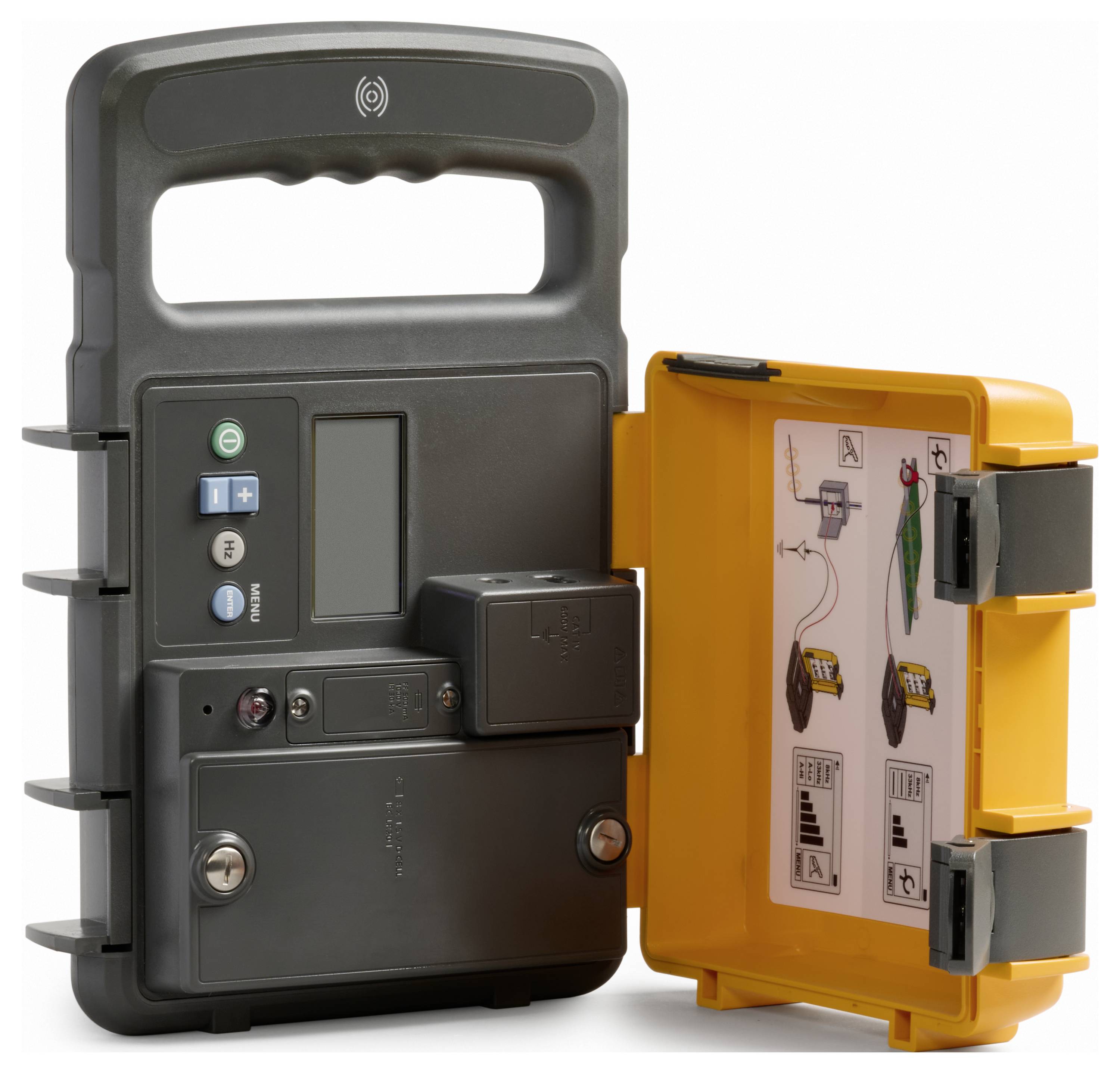 Offenes robustes elektronisches Steuergehäuse mit Griff, Display, Tasten und einem gelben Fach mit Verdrahtungsanweisungen.