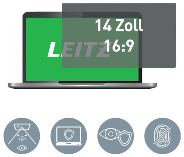 Laptop-Display mit LEITZ-Beschriftung mit einer Überlagung von „14 Zoll
