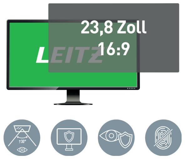 23,8-Zoll-16:9-LEITZ-Monitor mit Symbolen für Blendschutz, Bildschirmschutz, Augenschutz und Fingerabdrucksicherheit.