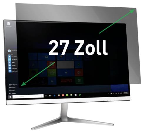 27-Zoll-Desktop-Monitor von vorne gezeigt mit dünnem Rahmen und silbernem Ständer, beschriftet mit „27 Zoll