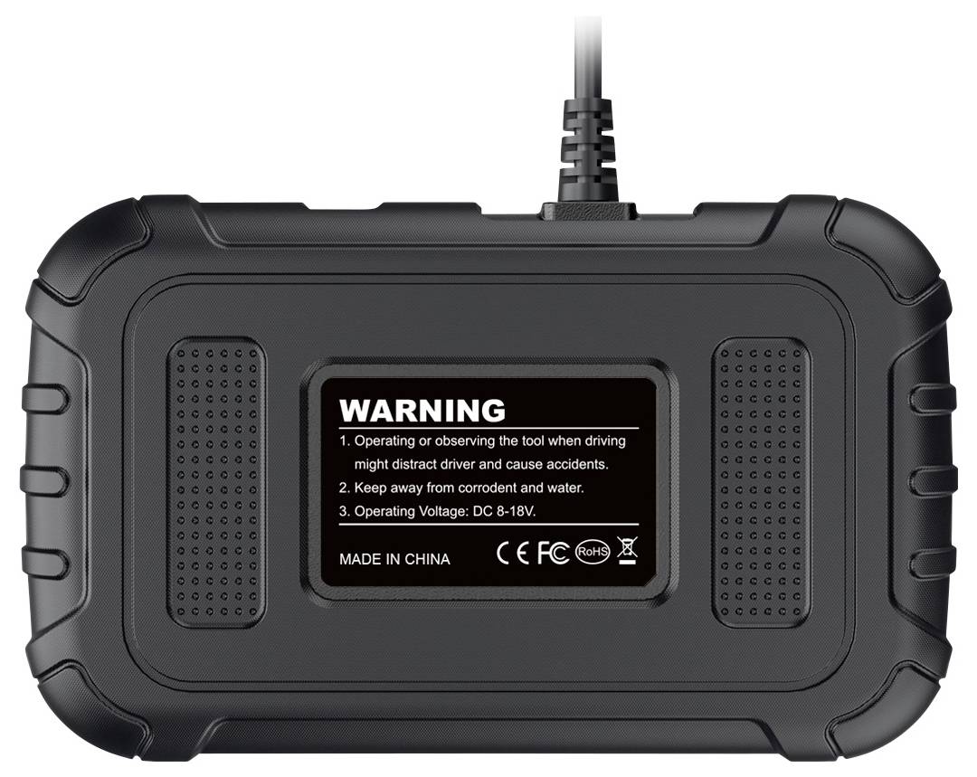 Rückansicht eines robusten schwarzen elektronischen Geräts mit einem Warnschild, das Bedienungsanweisungen und Spannung anzeigt, verbunden durch ein Kabel oben.