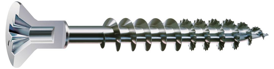 Nahaufnahme einer Metallschraube mit versenktem Kopf und scharfem Gewindelschaft, horizontal auf weißem Hintergrund dargestellt.