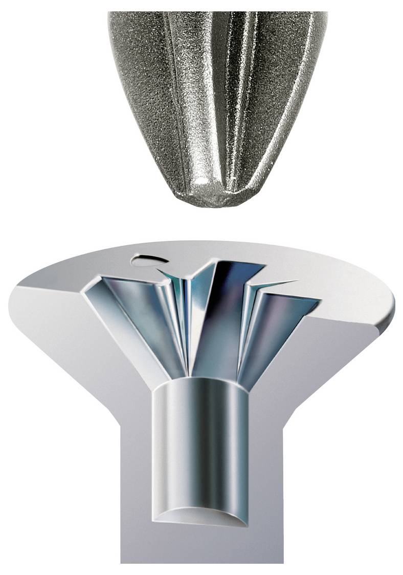 Nahaufnahme eines Metallsenkers, der über einem konischen Loch ausgerichtet ist und zeigt, wie er eine Vertiefung im Material formt.