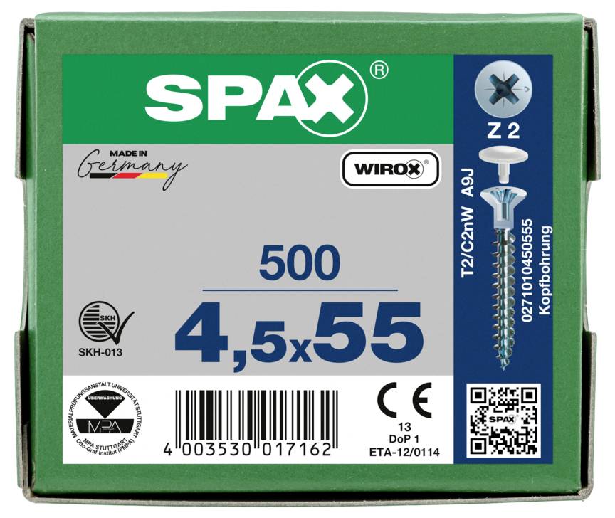 SPAX 0271010450555 Senkkopfschraube 4.5mm 55mm Kreuzschlitz Pozidriv Stahl 500St.