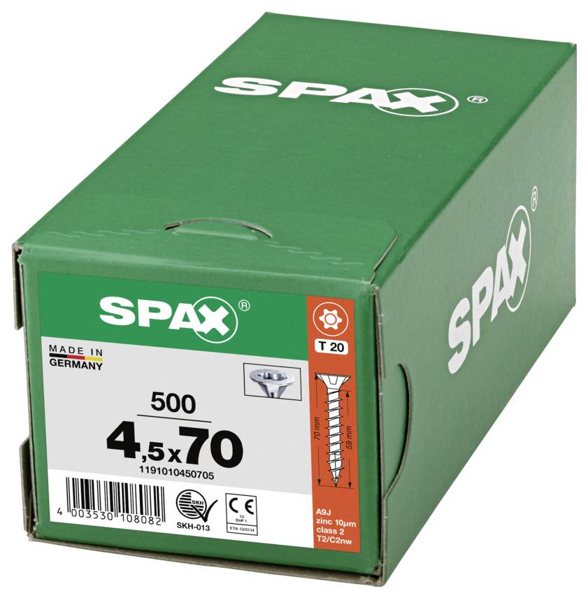 Grüne SPAX-Schachtel mit 500 Schrauben mit der Bezeichnung 5x40, hergestellt in Deutschland, mit Produkt- und Antriebsmarkierungen auf der Vorderseite.