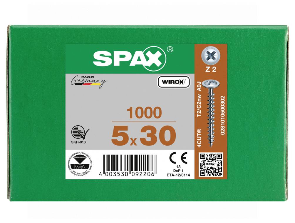 Grüne SPAX-Schraubenbox mit der Bezeichnung „1000 5x30