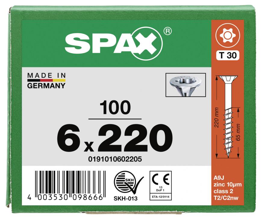 SPAX 0191010602205 Senkkopfschraube 6mm 220mm T-STAR plus Stahl 100St.
