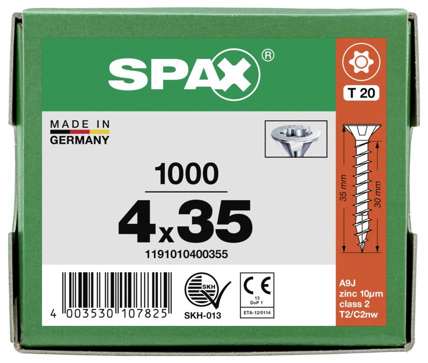 Karton mit SPAX-Holzschrauben mit Bezeichnung 1000 4x35, hergestellt in Deutschland, mit T20-Antrieb und Schraubendiagramm auf der Vorderseite.