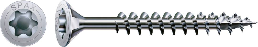 Metallschraube mit manipulationssicherem SPAX-Sternantrieb, dargestellt in Seitenansicht neben einer Nahaufnahme des Schraubenkopfes.
