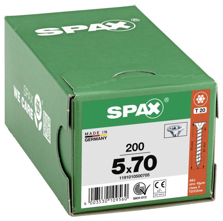 Grüne SPAX-Schraubenbox mit Bezeichnung 4,5x70 und 500er-Inhalt, hergestellt in Deutschland, zeigt auf der Vorderseite eine T20-Torx-Schraubenzeichnung.