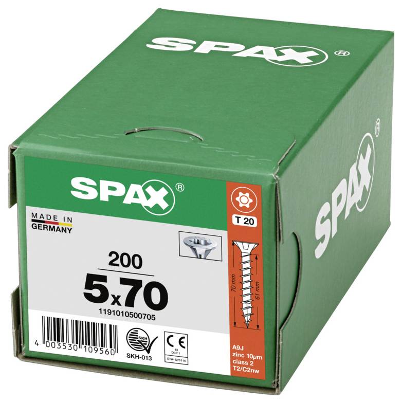 Grüne SPAX-Schraubenbox mit Bezeichnung 5x70, 200er Packung, hergestellt in Deutschland, mit Produkt- und Größeninformationen auf dem vorderen Etikett.