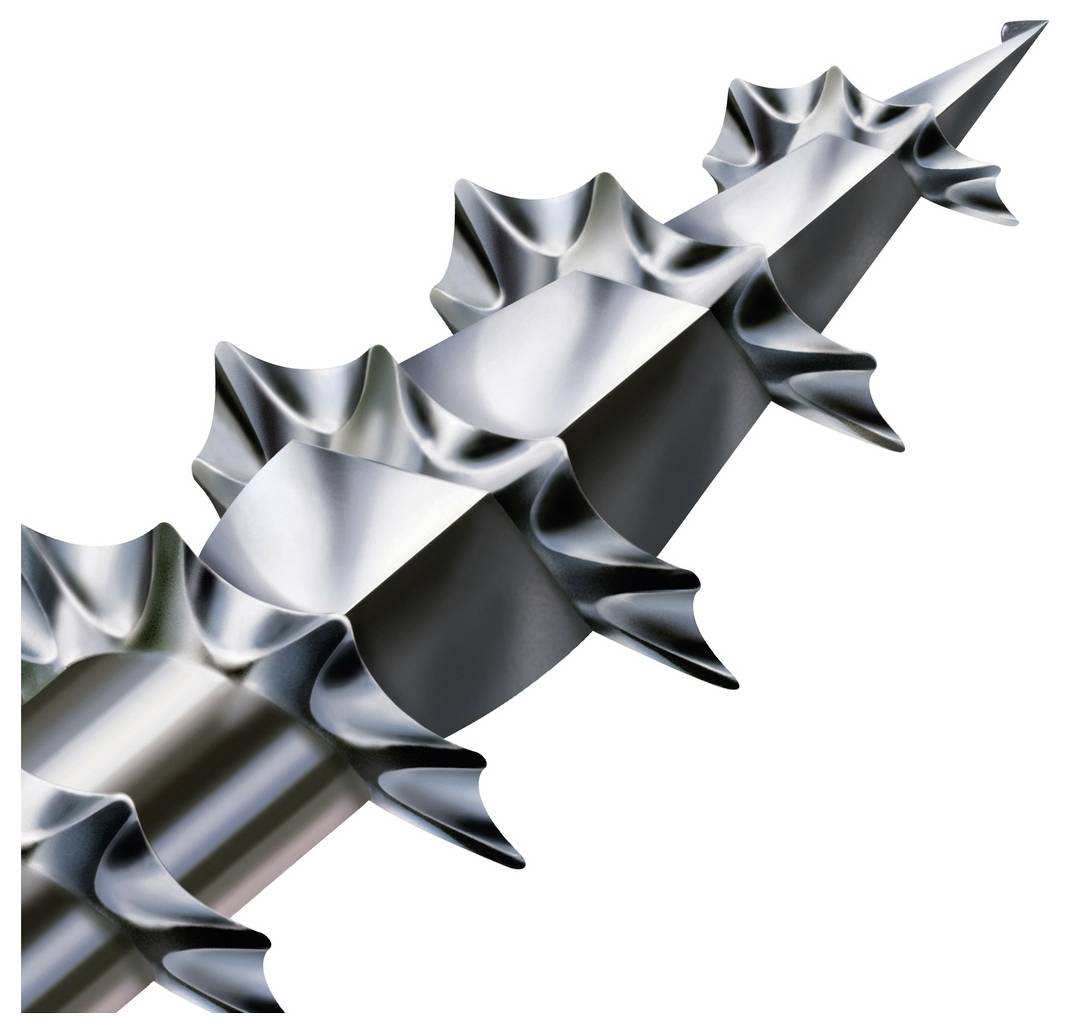 Nahaufnahme eines glänzenden Metallschneckenbohrers mit spiralförmigen Schneideklingen auf weißem Hintergrund.