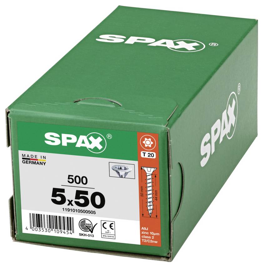 Grüne SPAX-Schraubenbox mit der Bezeichnung 5x50 und T20, mit 500 Schrauben, hergestellt in Deutschland.