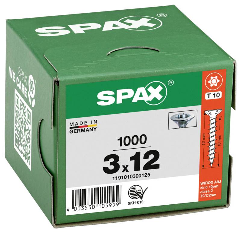 Grüne SPAX-Schraubenbox mit der Aufschrift '8 x 200', 'Konstruktion', 'T 40' und 'Made in Germany'.
