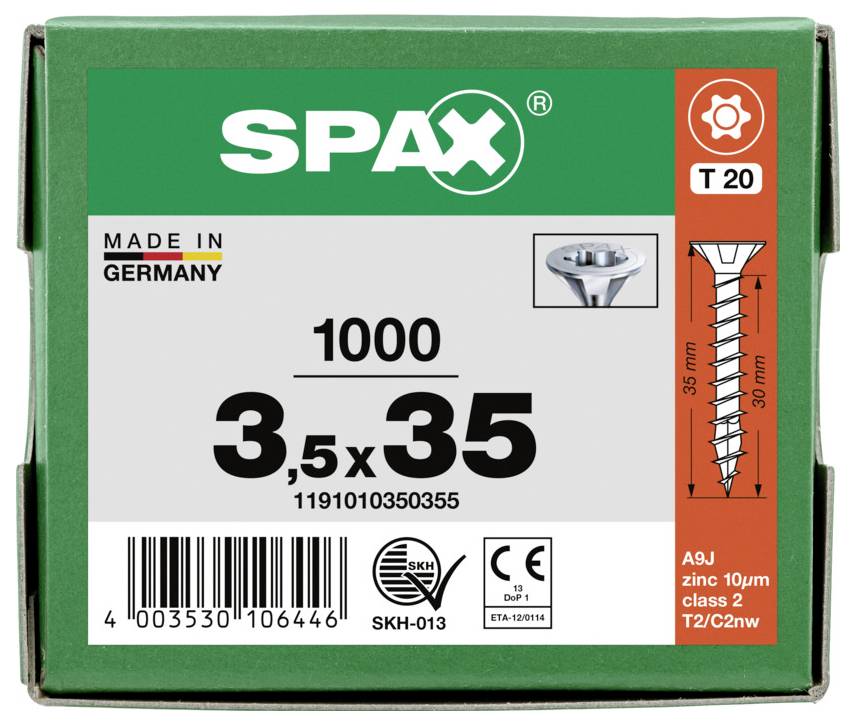 Grüne SPAX-Schachtel mit Holzschrauben, Kennzeichnung 3,5 x 35, 1000er Packung, hergestellt in Deutschland, mit T20-Antrieb auf der Vorderseite abgebildet.