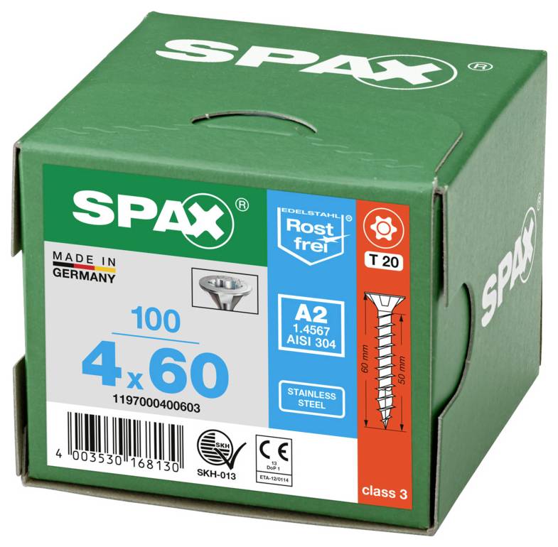 Grüne SPAX-Konstruktionsschraube Box mit Kennzeichnung 8 x 180, Made in Germany, mit 50 Schrauben und T40-Antrieb-Symbol.